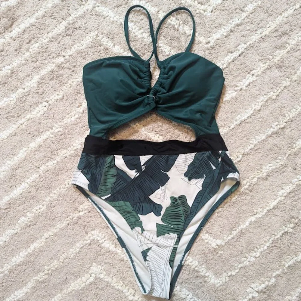 Tropical One Piece Plunge Neckline Cutout Criss Cross Swimsuit Size M - Picture 3 of 7